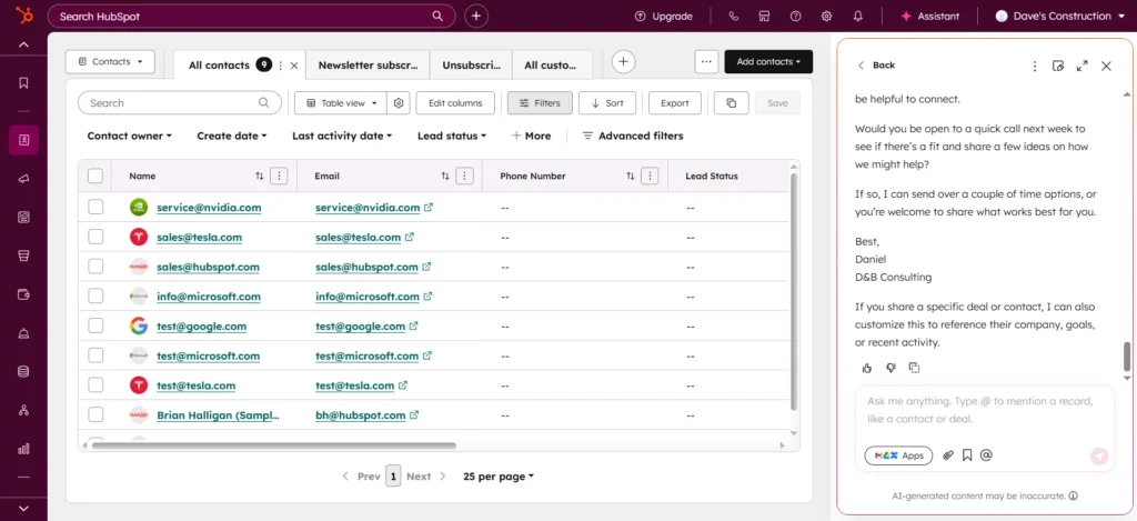 HubSpot dashboard showing an 'All contacts' list with mock entries for Nvidia, Tesla, and Microsoft. A side panel displays an AI-generated email draft from Breeze AI starting with 'be helpful to connect' and offering a quick call to share ideas.