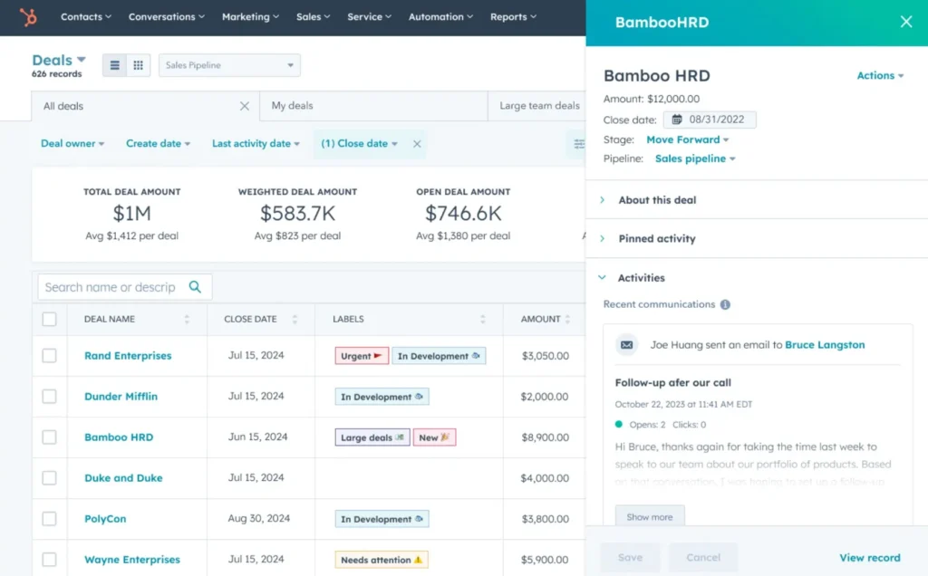 HubSpot Sales Hub Deals View
