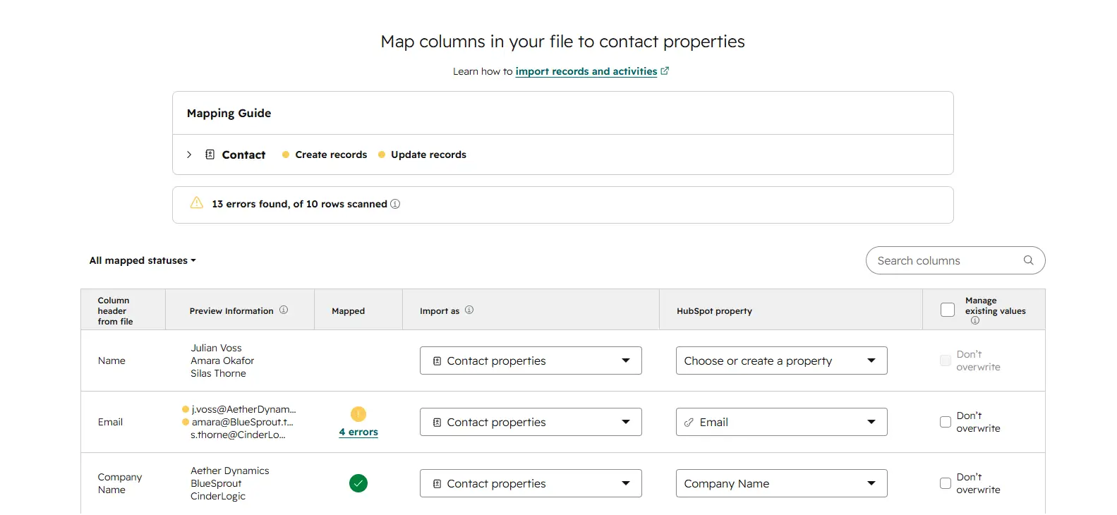 hubspot Import errors screen