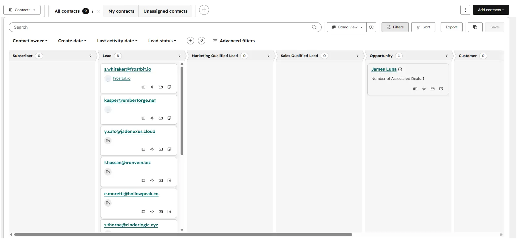 Contacts board view organized by lifecycle stage