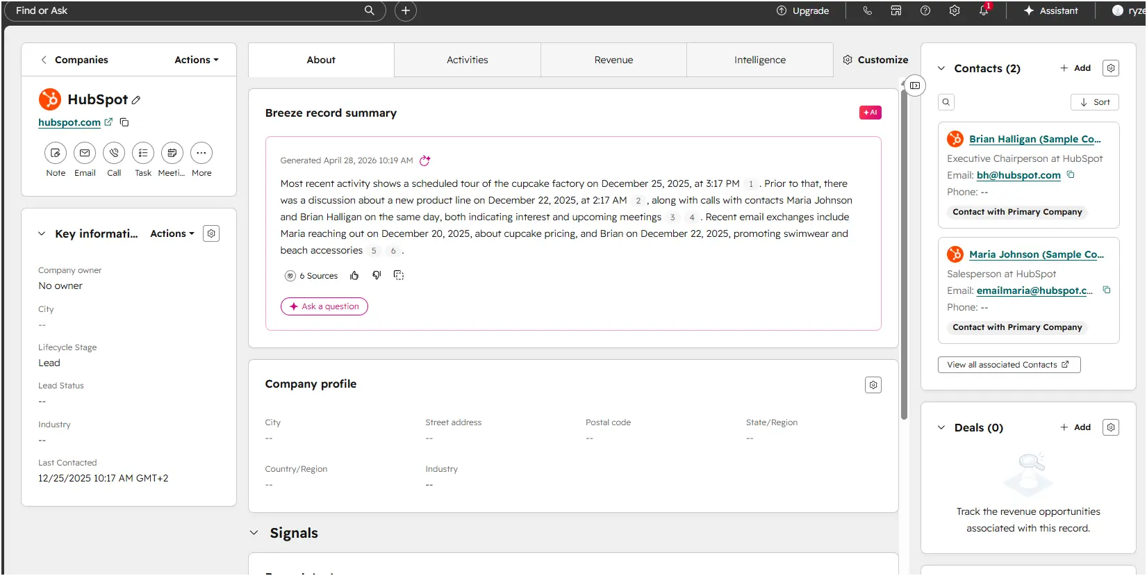 Breeze AI record summary on a company record