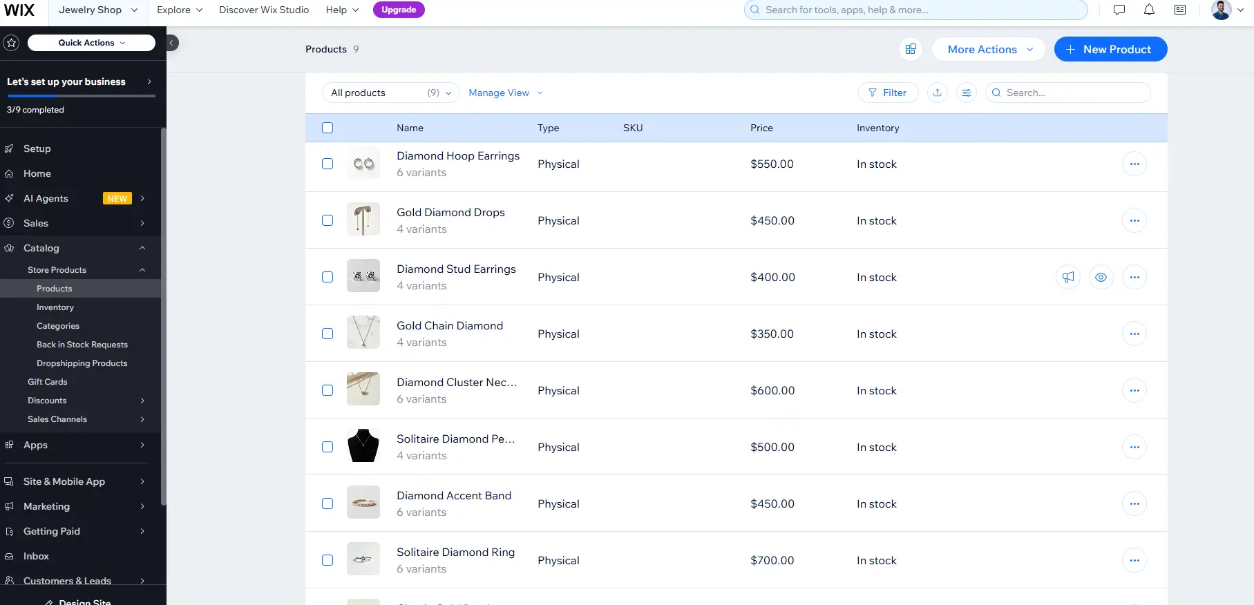 Wix Dashboard product catalog showing 9 AI-generated jewelry products with images, variants, pricing ($350–$700), and inventory