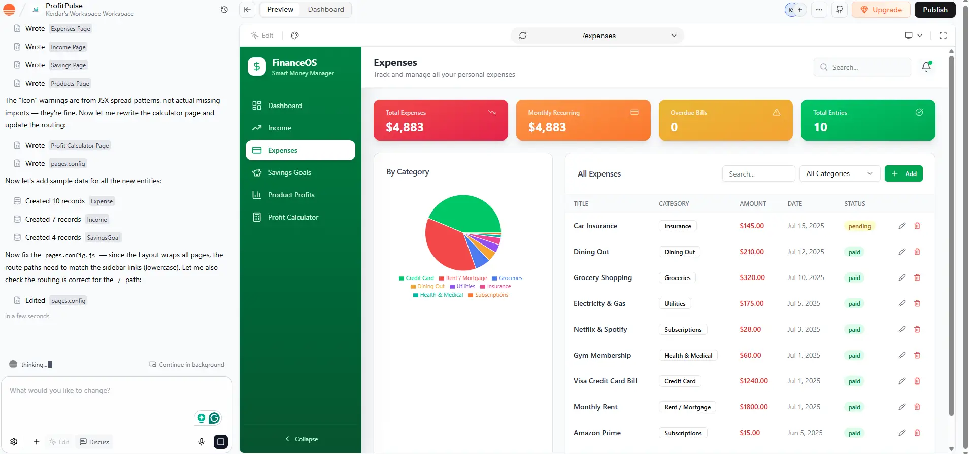 Base44 build chat showing prompt iterations build an entire financial app