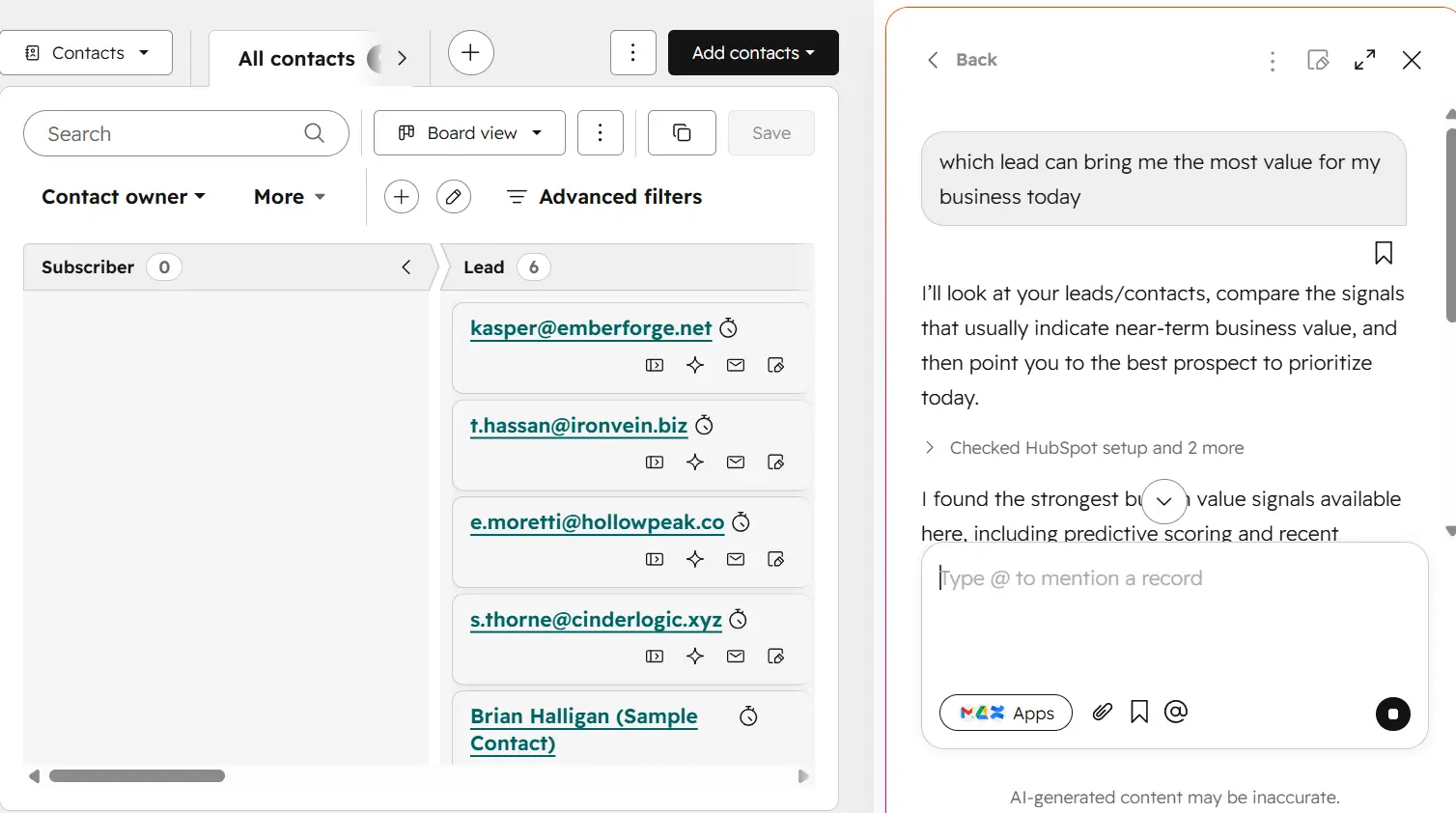 ai agent, HubSpot Contacts board view organized by Lead status, showing contact cards in Lead, Marketing Qualified Lead, and Sales Qualified Lead columns