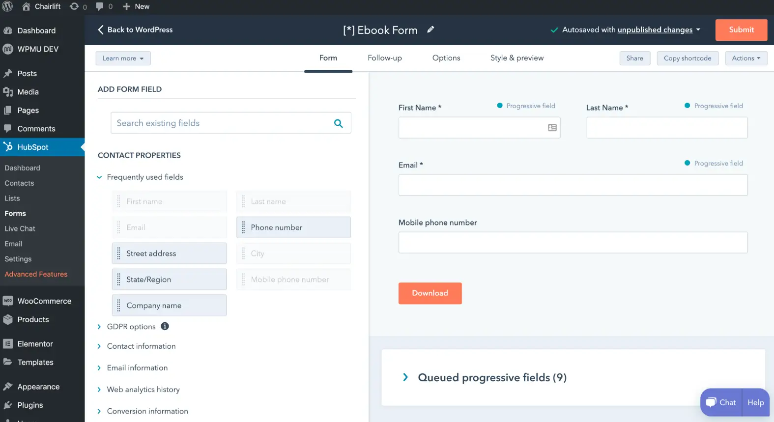 HubSpot form builder or live chat widget configuration - wordpress plugin