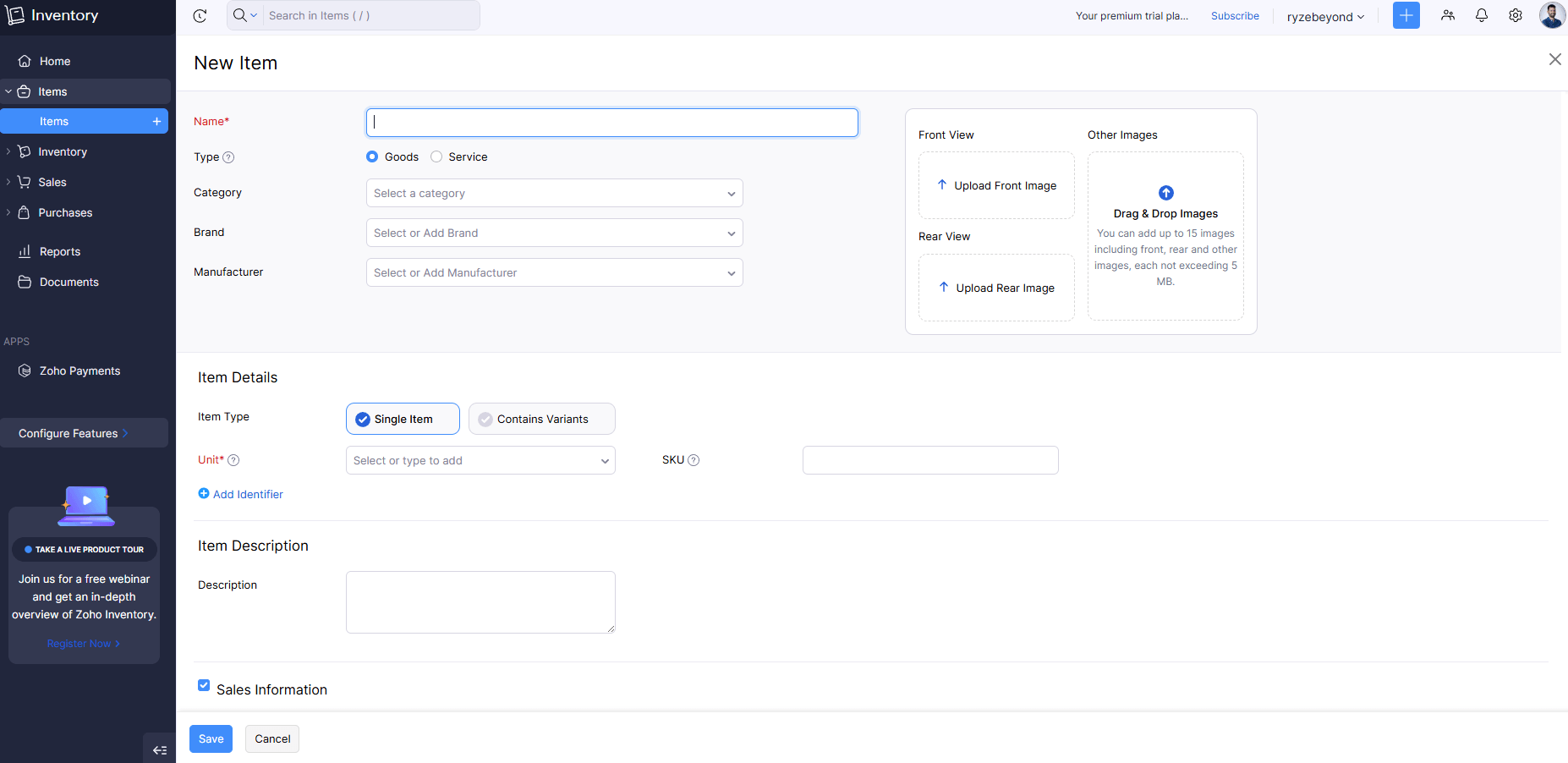 Zoho Inventory new-item screen with SKU, item type, and variant fields during our June 2026 test