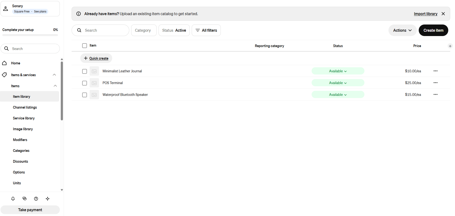 Square for Retail item library showing in-stock products and pricing on the free plan we tested