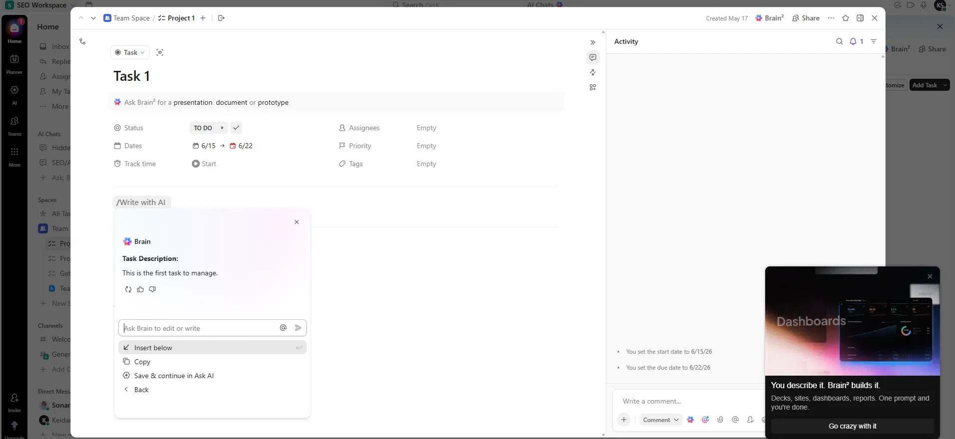 ClickUp brain AI assistant - how it works for small businesses