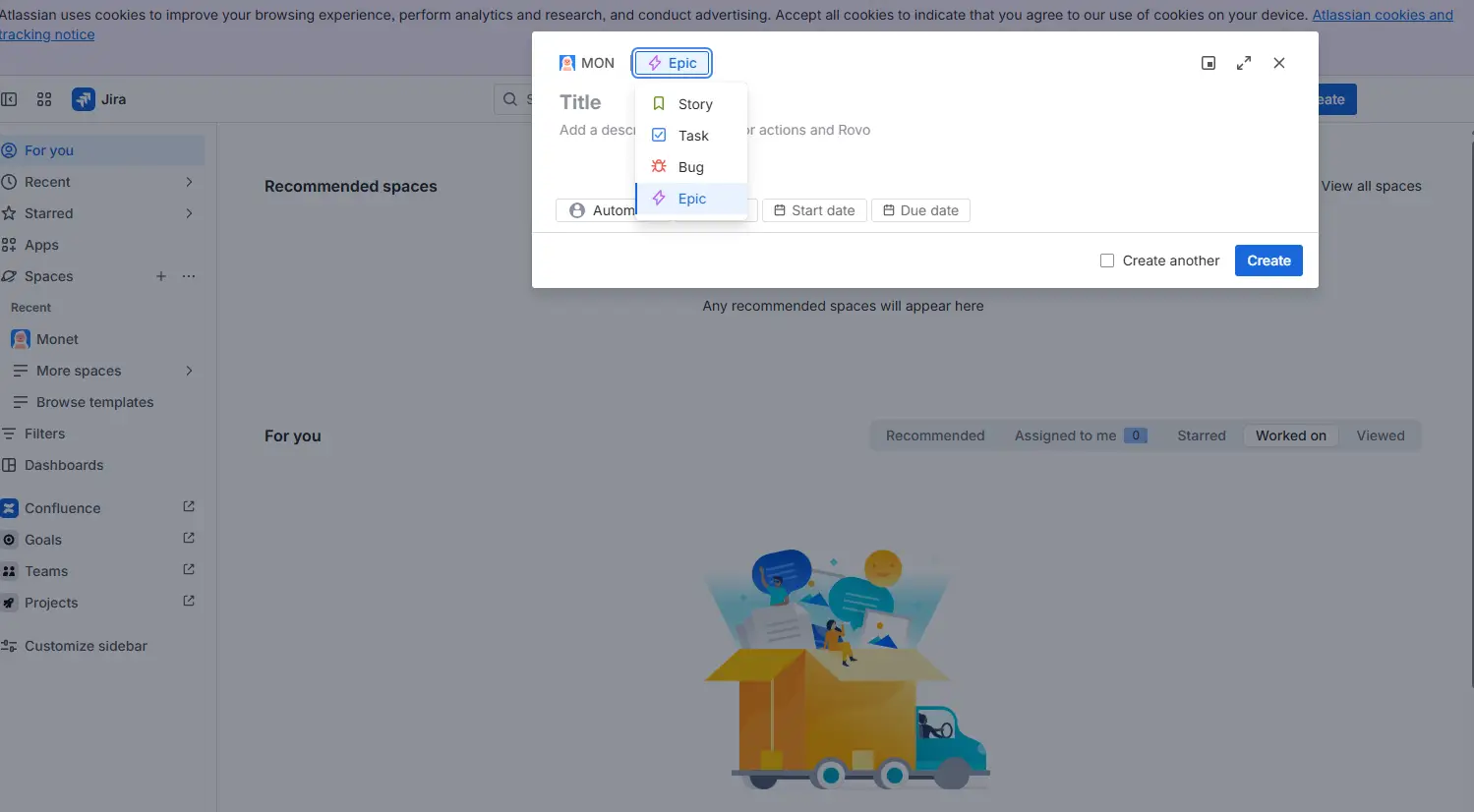 Jira task type, story, epic, task, subtask, bug