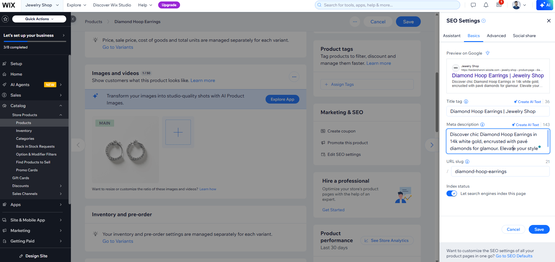 Wix product SEO settings panel showing title tag, meta description, URL slug and index toggle.