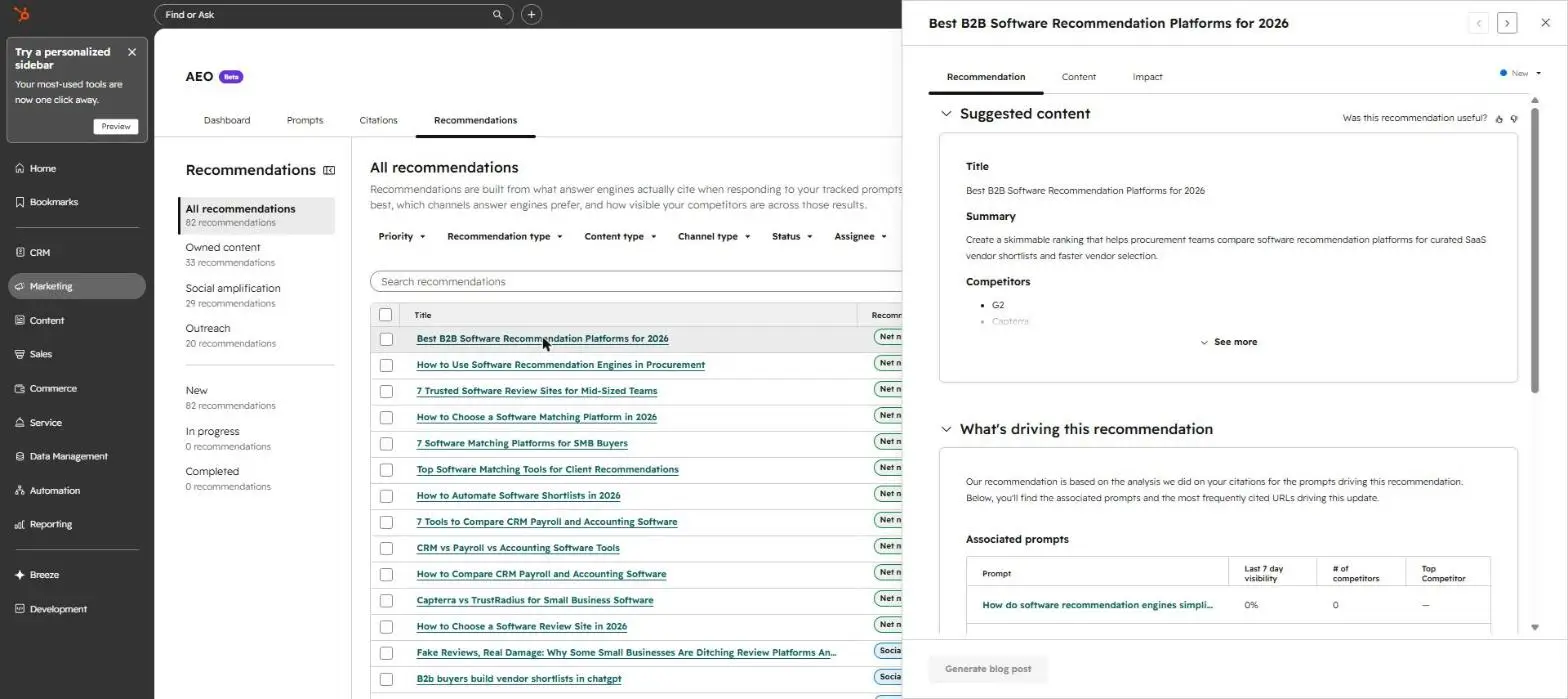 hubspot aeo - ai recommendations for sonary